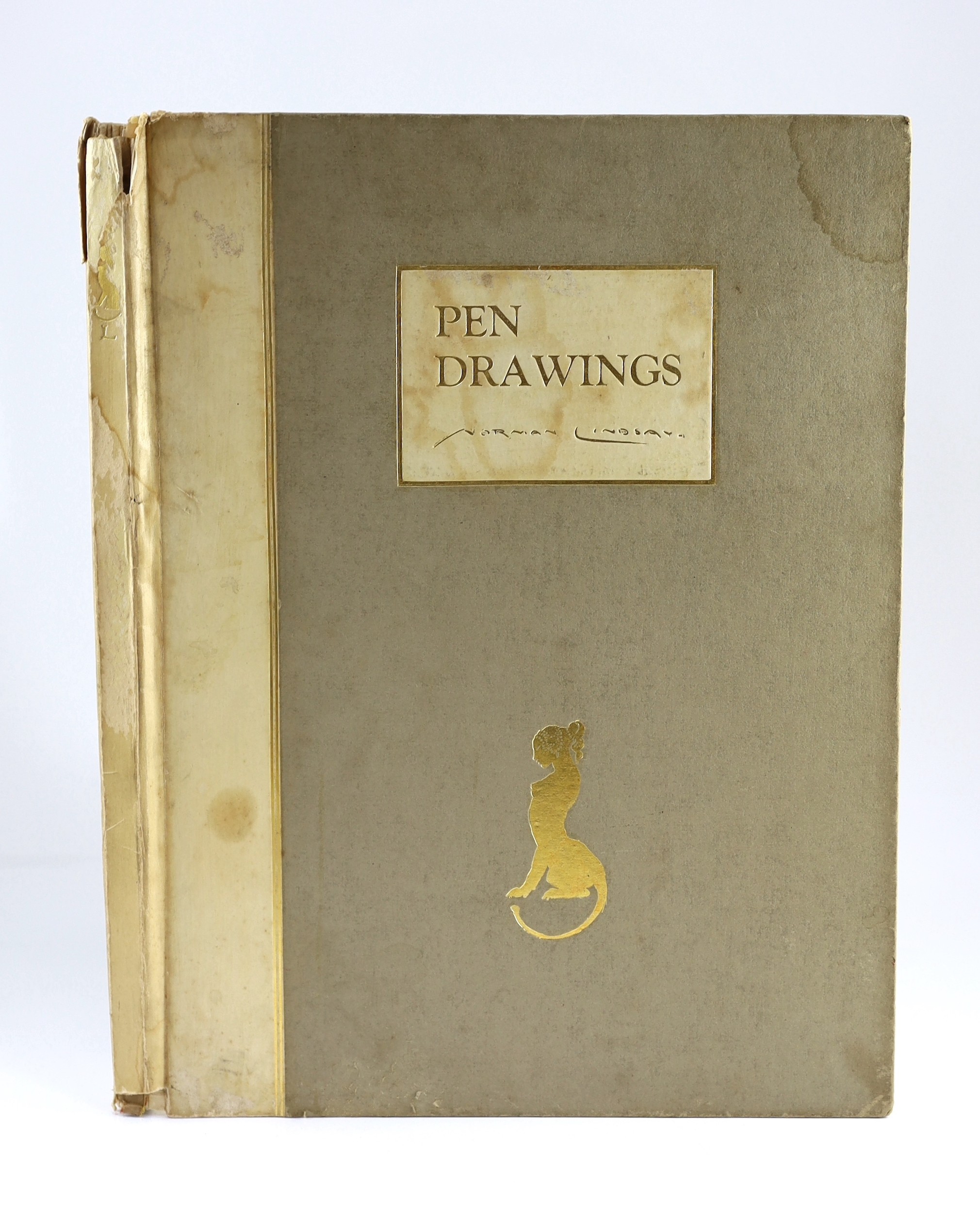 Lindsay, Norman - Pen Drawings. Limited edition of 500 numbered copies, signed by the artist. pictorial title and 24 plates; publisher's art vellum and gilt pictorial grey paper boards with gilt label, folio, Sydney, 192